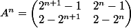 A^n=\begin{pmatrix} 2^{n+1}-1 & 2^n-1 \\2-2^{n+1} & 2-2^n \end{pmatrix}